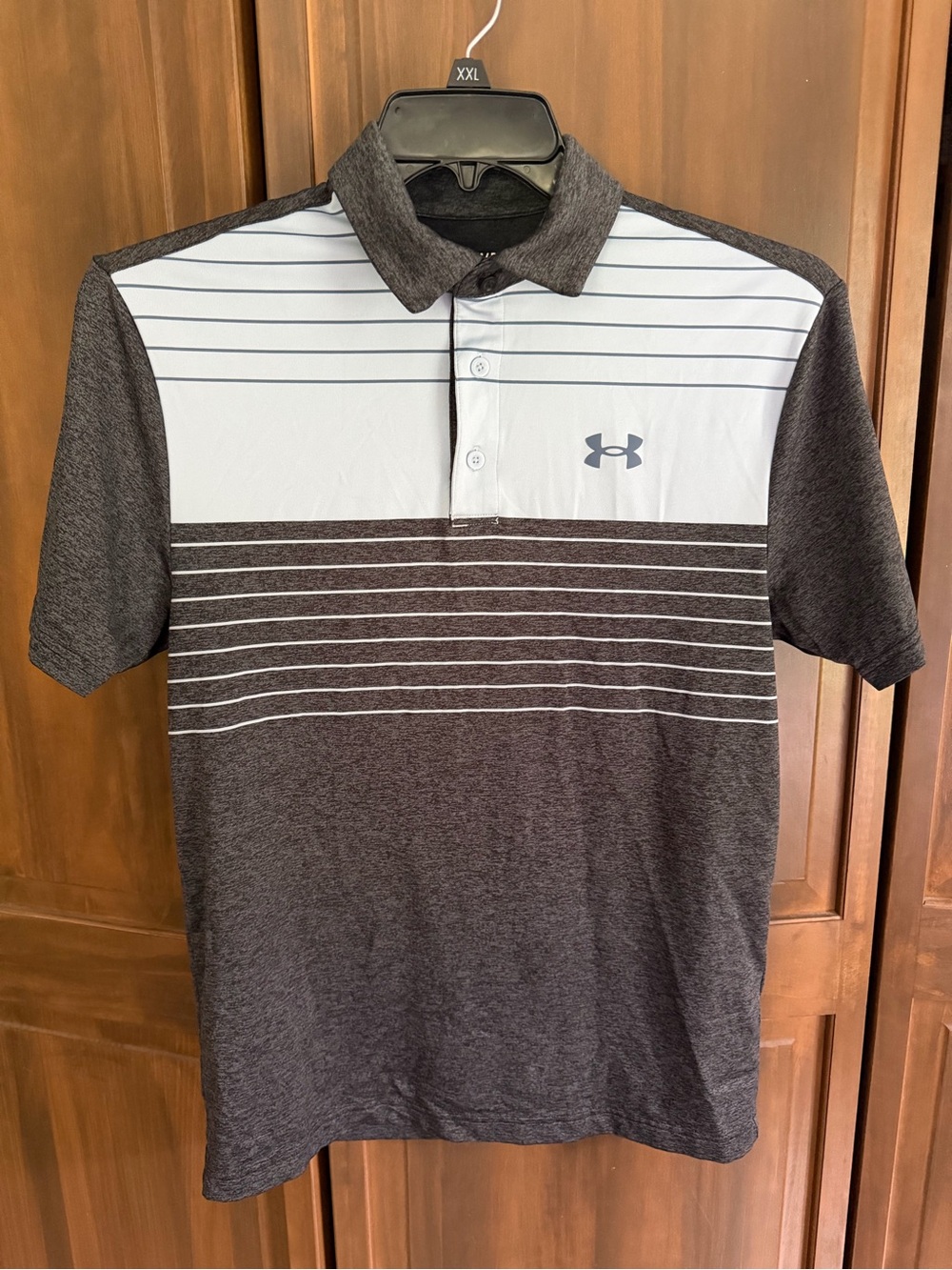 Under Armour women’s Charcoal Gray & White Striped Polo